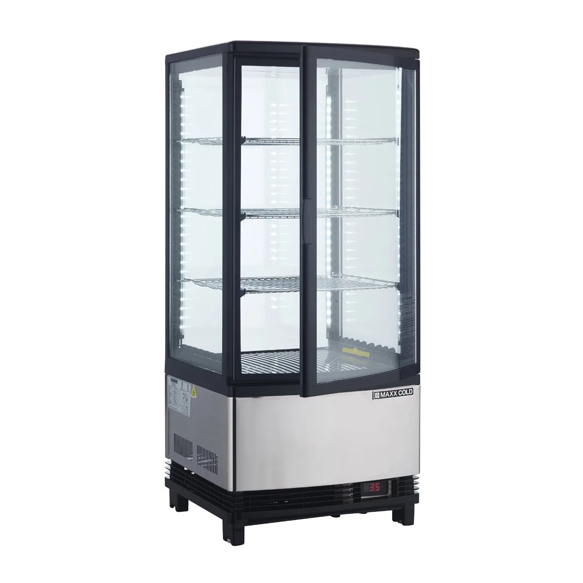 Maxx Cold MECR-31D 16" Self Service Countertop Refrigerated Display Case with  2 Pass-Thru Hinged Glass Doors , 3 Shelves - 2.89 cu. ft.