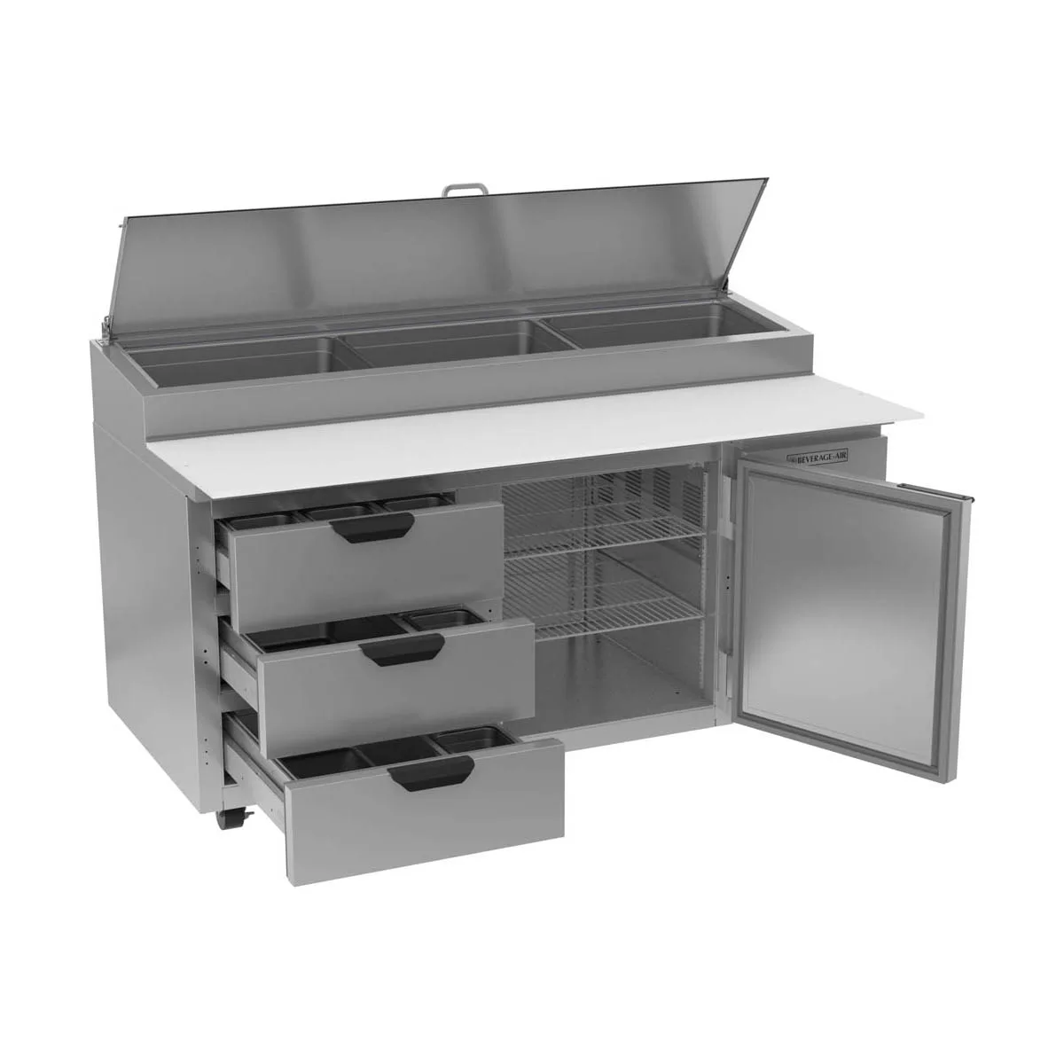Beverage Air DPD67HC-3 67" 2-Section Refrigerated Pizza Prep Table w/ 1 Door & 3 Drawers