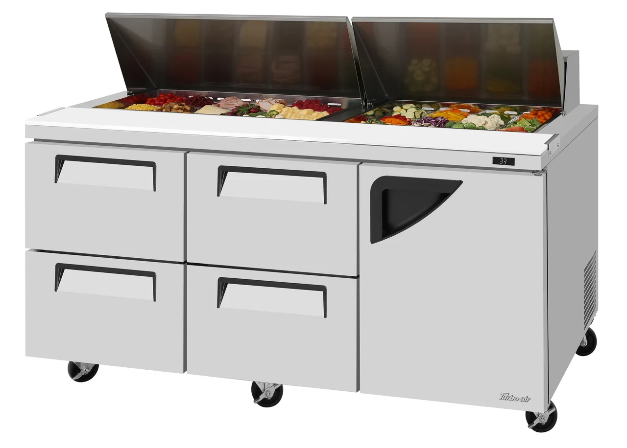 Turbo Air TST-72SD-D4R-N 72" Sandwich and Salad Prep Table, 4 Drawers & 1 Door, 18 Pans, Stainless Steel