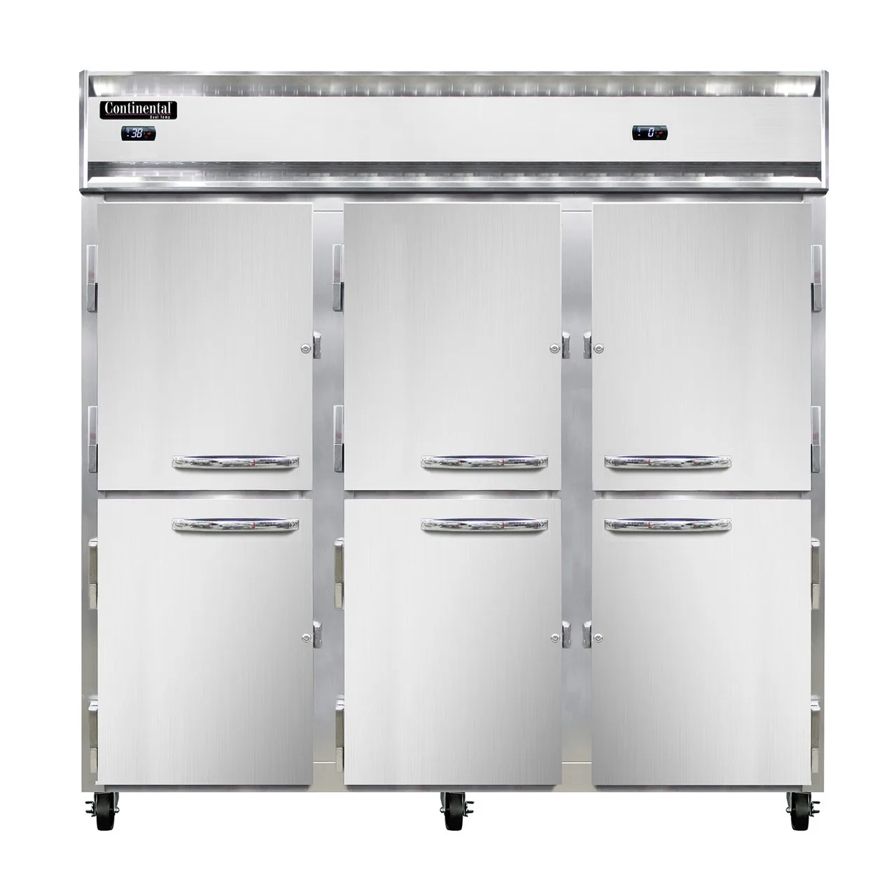 Continental Refrigerator 3RFFNSAHD 78" 3-Section Reach-In Refrigerator Freezer Combo w/ 6 Half Solid Doors