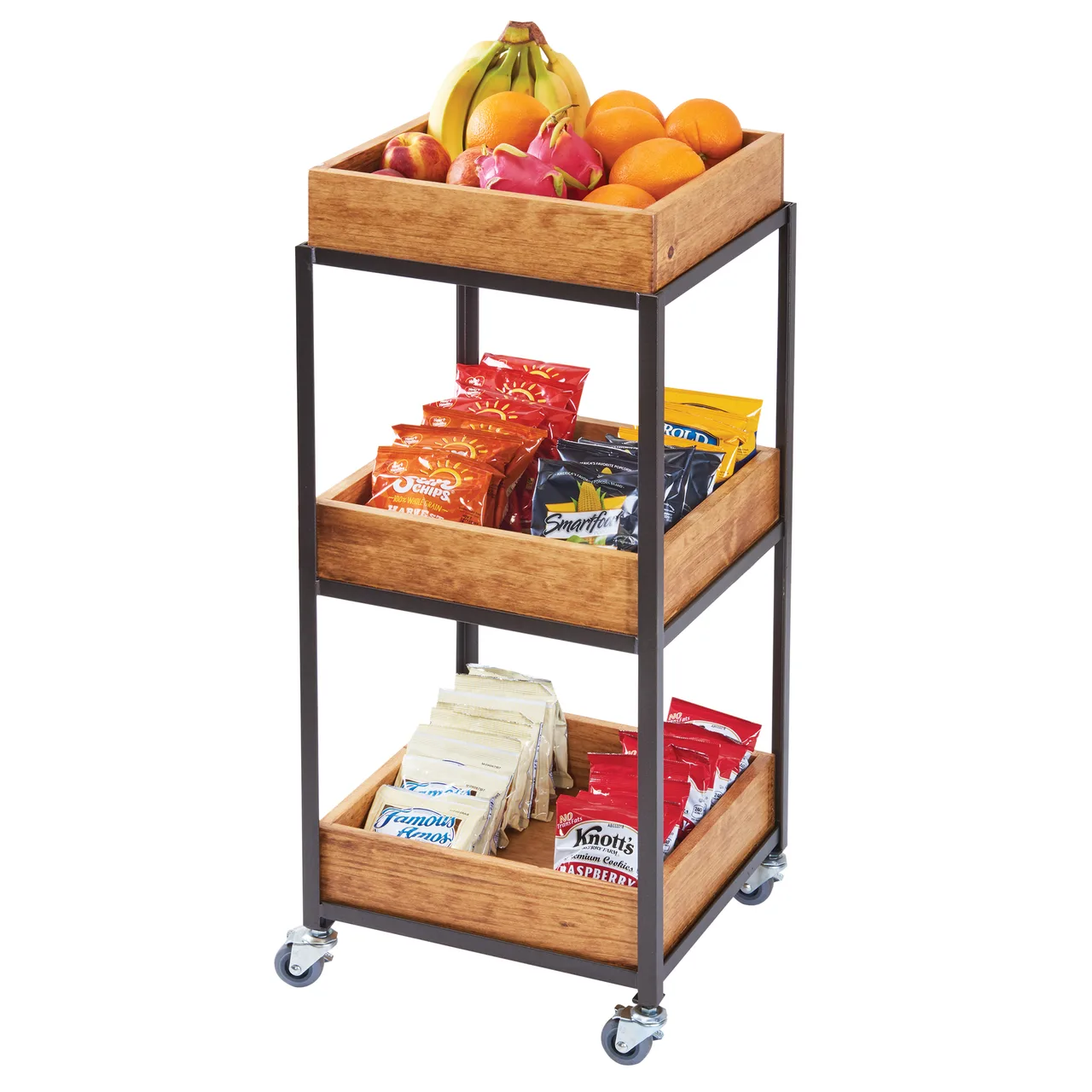 Cal-Mil 3921-84 Sierra Merchandiser Cart, 14-3/4"W x 14-3/4"D x 35"H, 3-Tier, Rustic Pine, Metal Frame, Bronze Finish