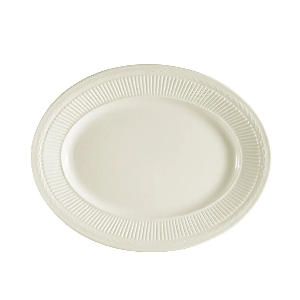 CAC China RID-12 Platter, 9-1/2"L x 7"W x 1-1/2"H, Oval, Embossed Rim, Ceramic White - Dozen