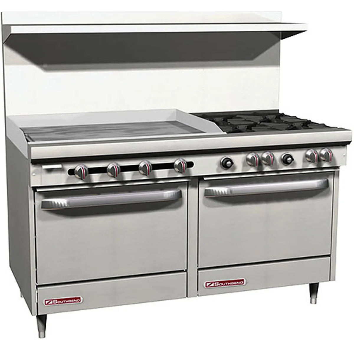 Southbend S60DD-3GL 60" Gas Restaurant Range w/ (4) Open Burners, 36" Griddle Left, (2) Standard Ovens, 246.000 BTU