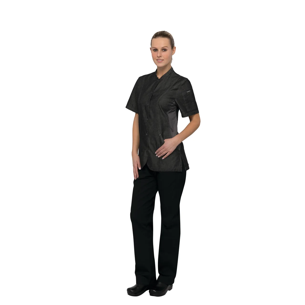 Chef Works CES05W-BLK-XL Women's Chelsea Chef Coat, Black, XL, Short Sleeve, 100% Cotton Denim