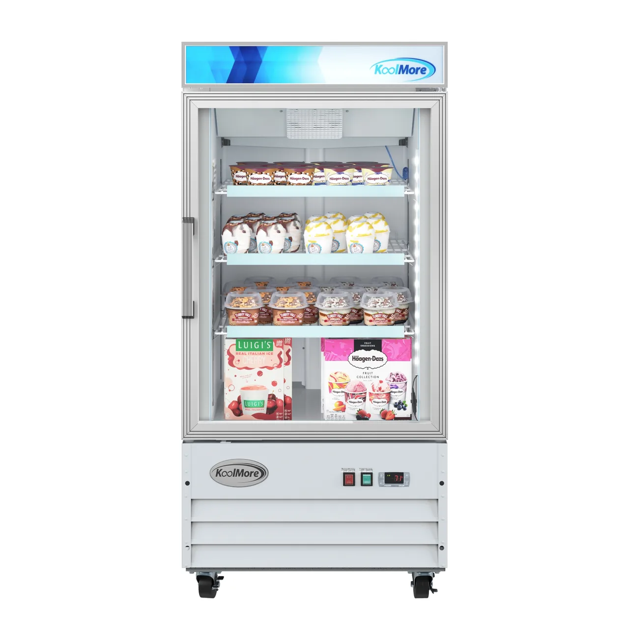Koolmore MDF-1GD-9C-WH 26" Glass Door Merchandiser Freezer, 9 cu ft, White, Temp Control, 3 Shelves