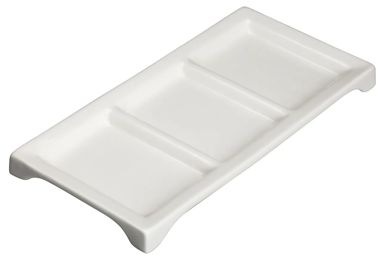 Winco WDP017-108 Trio Tray, 10" x 5", 3-comp rectangular porcelain, bright white - 24/Case