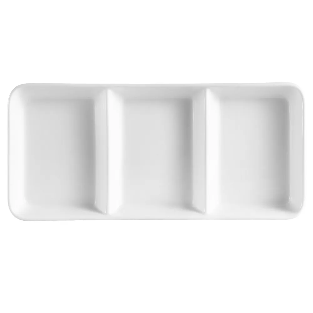 CAC China CN-3T13 - White Porcelain 3‑Compartment Plate, 12½" x 5½" x 1⅛" 6 oz, Dishwasher - Dozen