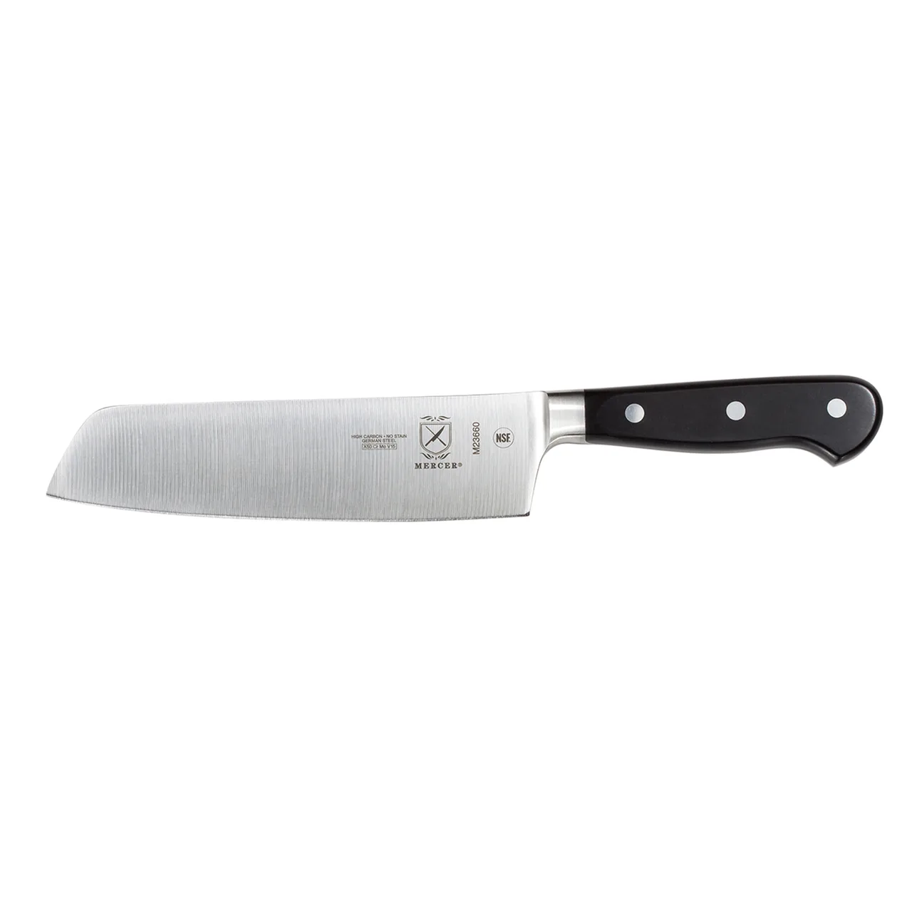 Mercer M23660 Nakiri, 7" Forged Carbon Steel Blade, Riveted, Delrin Plastic Handle, NSF