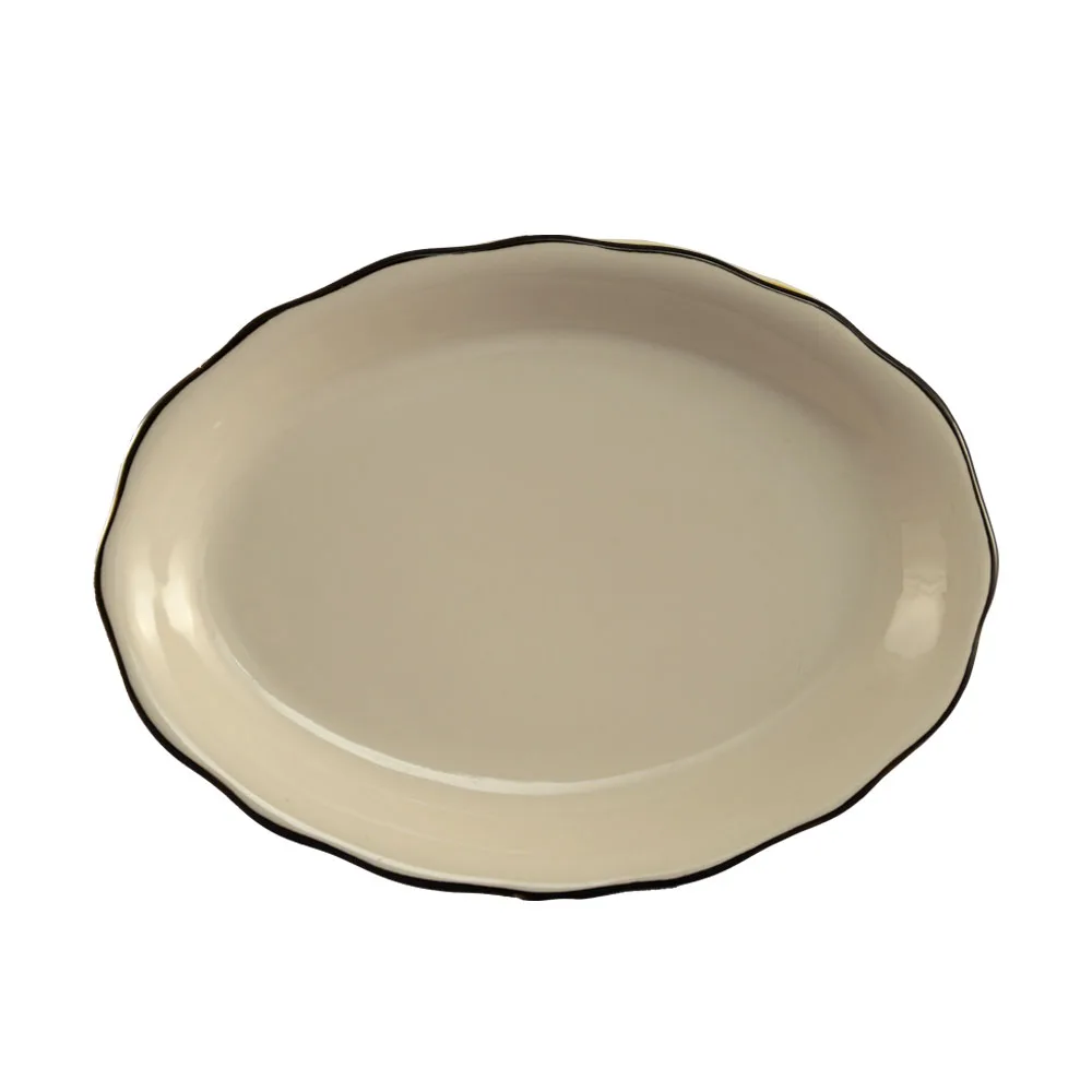CAC China SC-40B Oval Ceramic Platter 7-1/2" x 5-3/4" x 7/8", Scallop Edge, Black/White - Dozen