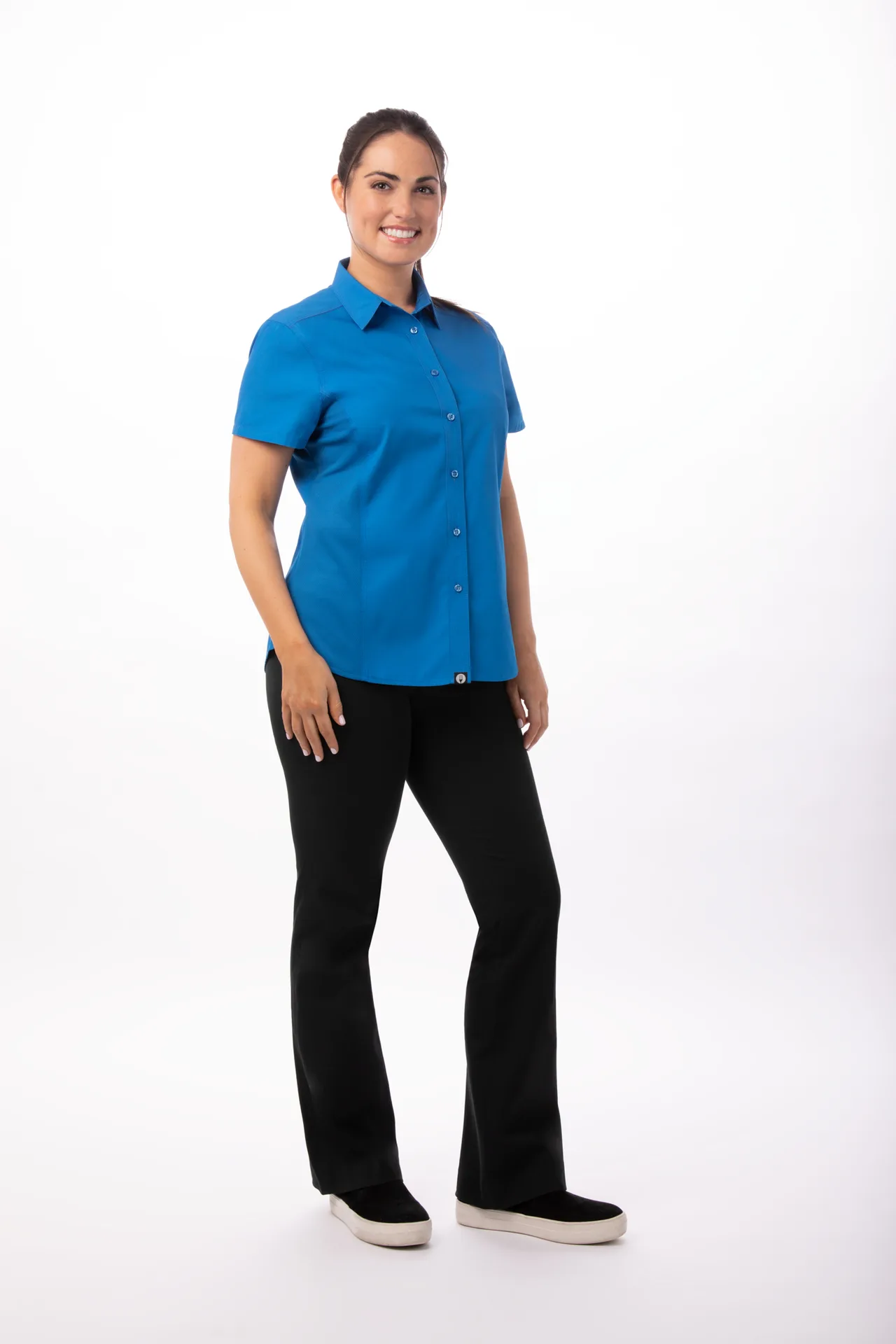 Chef Works CSWV-BLU-M Women Cook Shirt, Short Sleeves, Vent Panels, Blue, Medium, 65/35 Poly/Cotton
