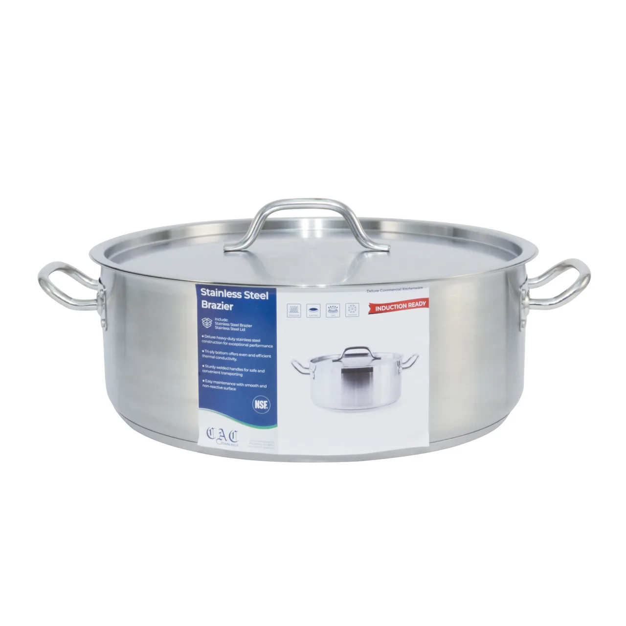 CAC China SSBZ-20 Brazier Pan, 20 qt., Stainless Steel, Induction Ready, With Lid, Handles - Set