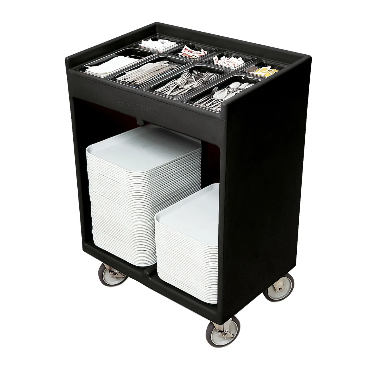 Cambro TC1418110 Black Tray & Silver Cart w/ Vinyl Cover and (8) Clear Pans