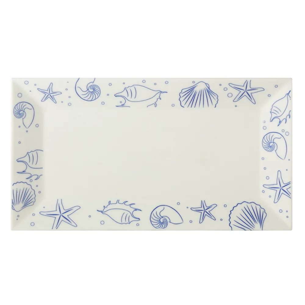 CAC China ATC-RT51-AW Seashell Platter, 14½"L x 8¼"W x 1¼"H, Ceramic, Blue Rim/White - Dozen
