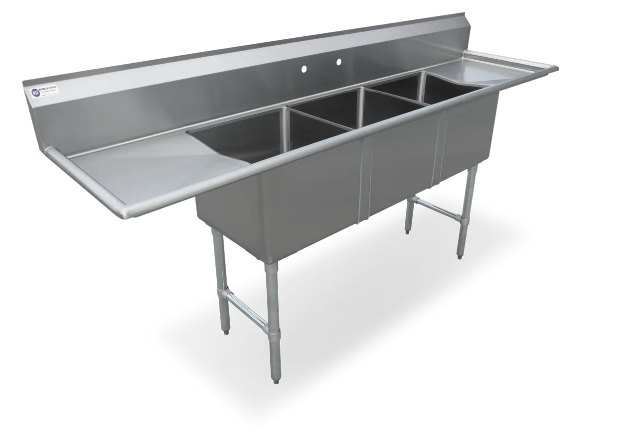 Steel Works SWS3C162012-24LR-318 96" Three Compartment Sink, 20"W x 16"L Bowl With 2 Drainboards