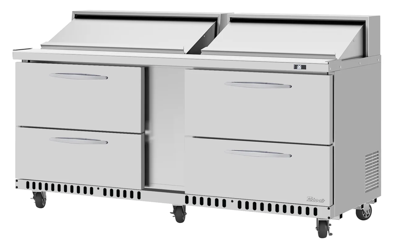 Turbo Air PST-72-D4-FB-N 72" 4-Drawer Mega Top Sandwich and Salad Prep Table, 18 Pans, Stainless Steel