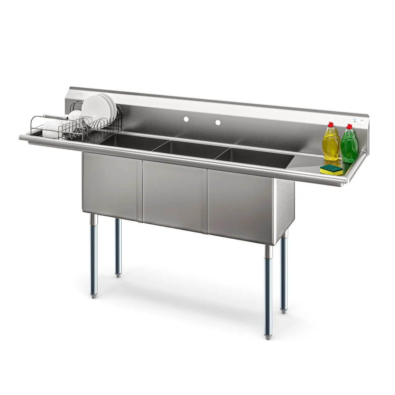 Koolmore KM-SC151514-15B316 75" Three Compartment Sink, 15"Wx15"L Bowl With 2 Drainboards