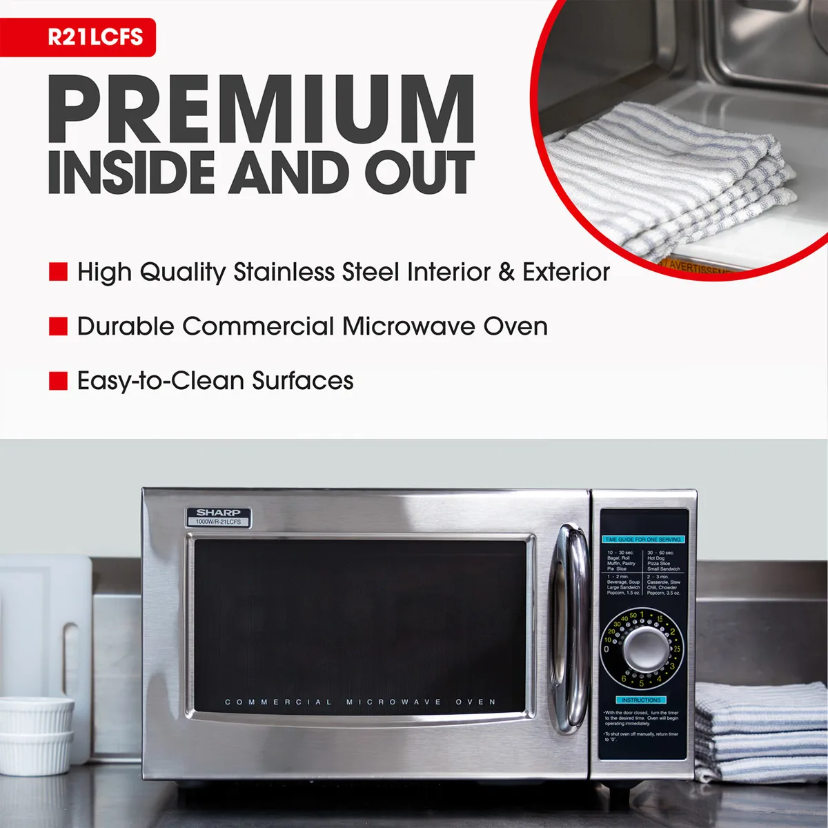 Sharp R-21LCFS 1000W Medium Duty Commercial Microwave Oven, Dial Control, 120V