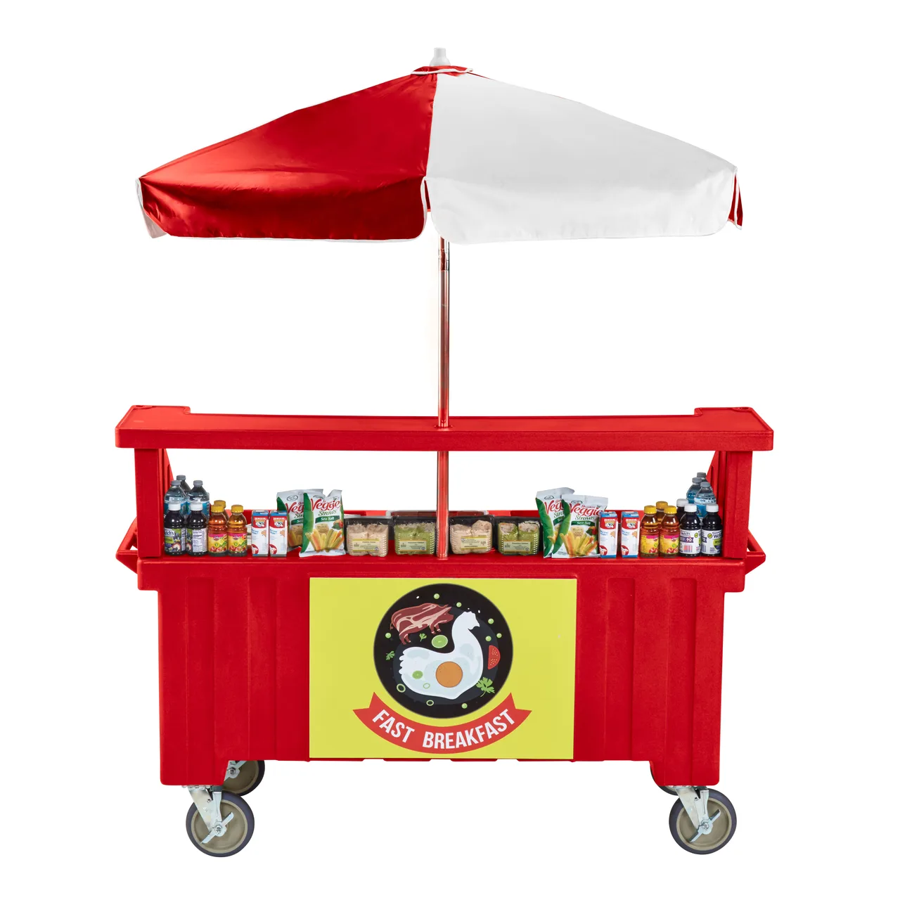 Cambro CVC724158 Camcruiser Hot Red Vending Cart w/ Umbrella, 4 Counter Wells, 3 Compartments