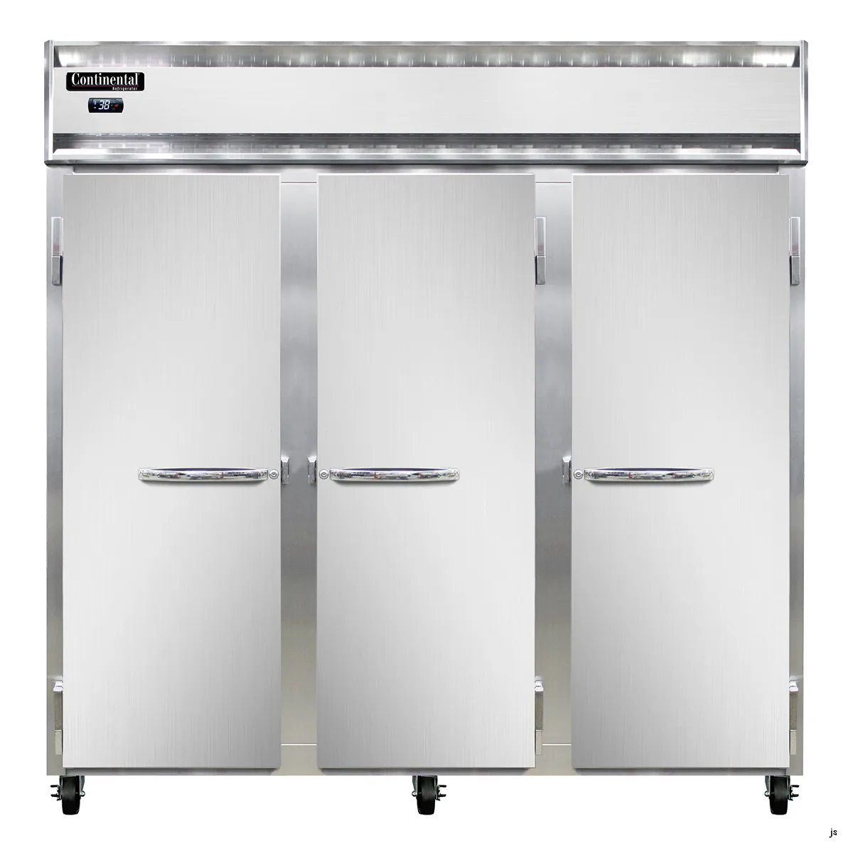 Continental Refrigerator 3RN 78" 3-Section Reach-In Refrigerator w/ 3 Solid Doors, Stainless Steel Front Aluminum Exterior, 70 cu.ft.