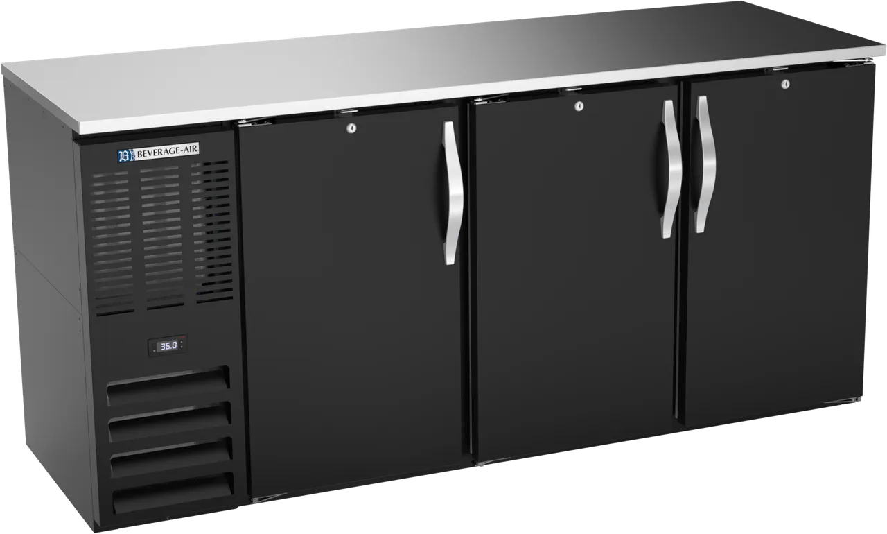 Beverage Air BBN72HC-F-B Bar Cooler, 72"W x 26-3/8"D x 34"H, 19.6 cu ft, 3 Solid Doors, 1/3 HP 115V