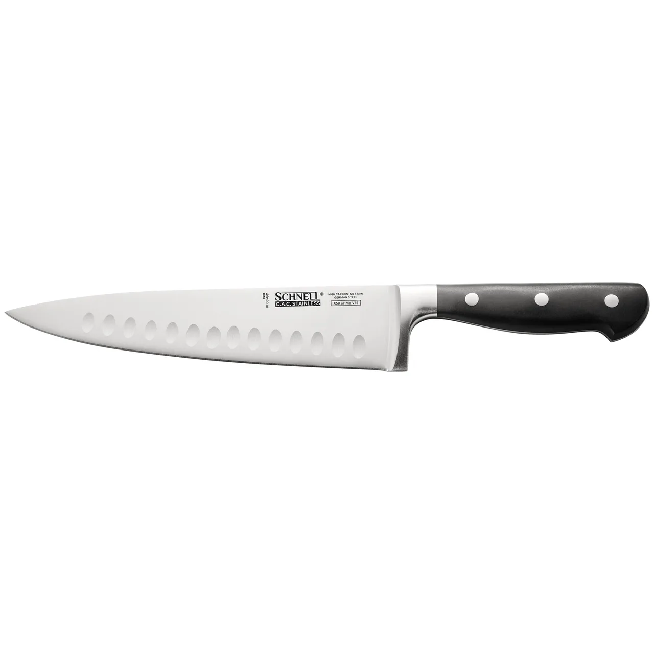 CAC China KFCC-G81 Chef Knife, 8" Granton Edge, Forged Tang, High-Carbon Steel, Black Handle