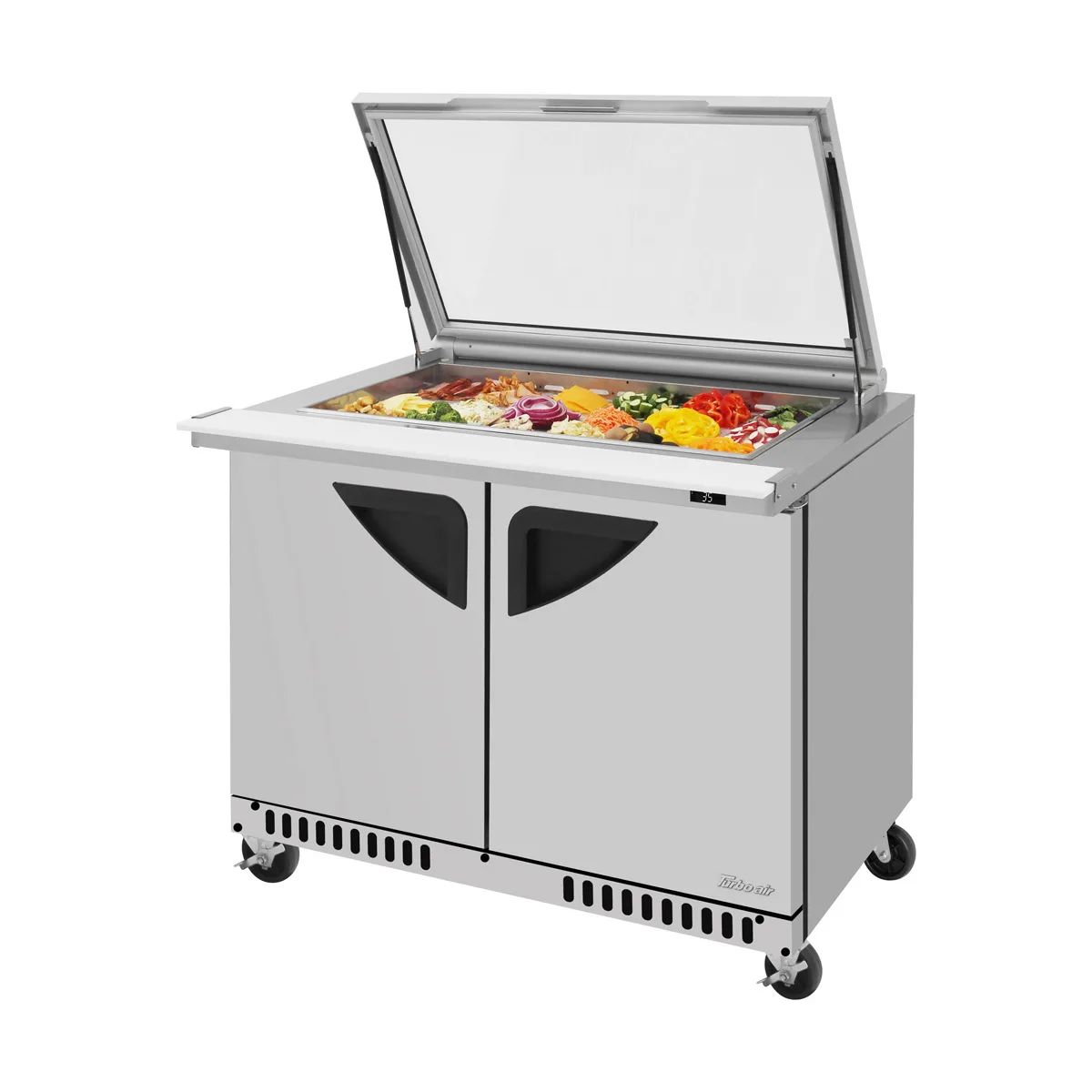 Turbo Air TST-48SD-18-FB-N-GL 48" 2-Door Mega Top Sandwich and Salad Prep Table, 18 Pans, Stainless Steel