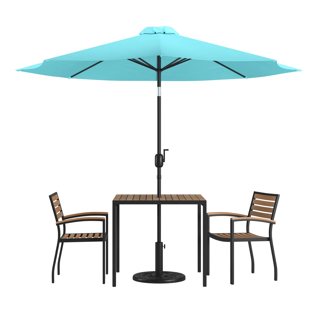 Flash Furniture XU-DG-810060062-UB19BTL-GG 35" Square Patio Dining Table Set, Synthetic Teak, Teal Umbrella, 2 Stacking Chairs