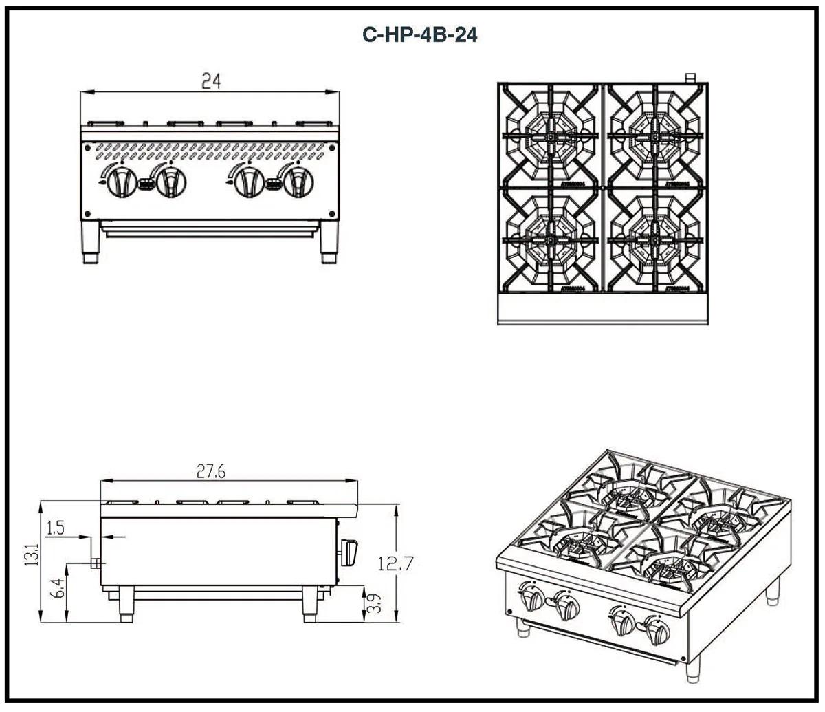 Migali C-HP-4B-24 24" Countertop Gas Hotplate w/ (4) Burners, Manual Controls, 100.000 BTU
