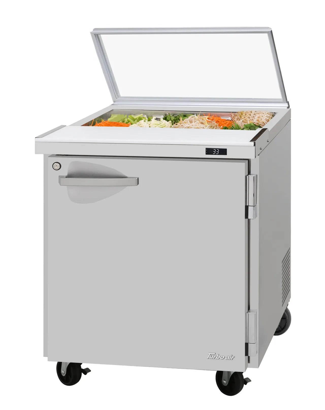 Turbo Air PST-28-N-GL 28" 1-Door Sandwich and Salad Prep Table, 8 Pans, Stainless Steel