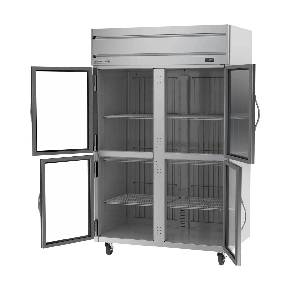Beverage Air HFP2HC-1HG 52" 4-Half Glass Door 2-Section Reach-In Freezer, Top Mount, 46.29 cu. ft., Stainless Steel