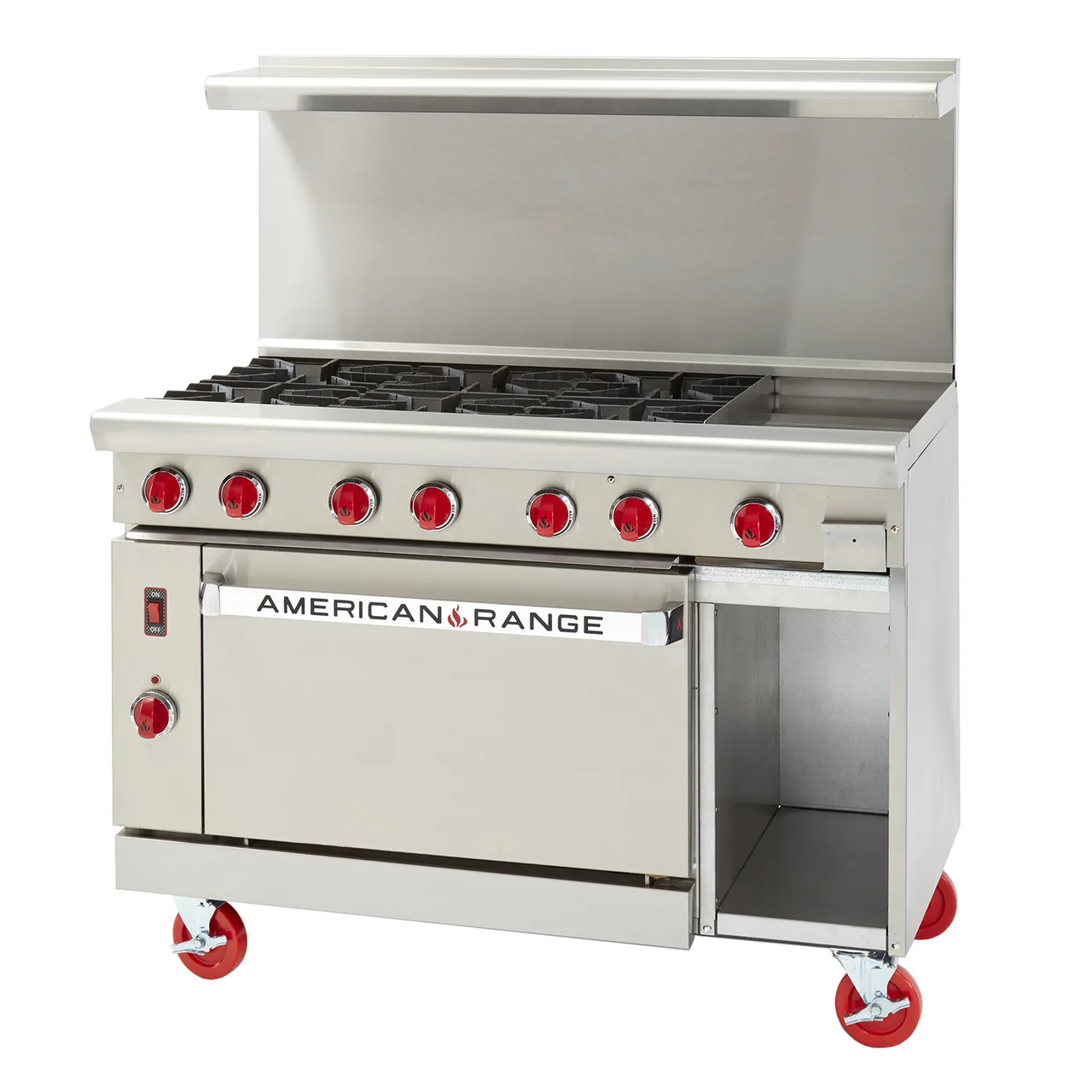 American Range ARGF-8B-CL-SBR 48" Gas Restaurant Range w/ (8) Open Burners, (1) Convection Oven, (1) Cabinet Base, 230.000 BTU
