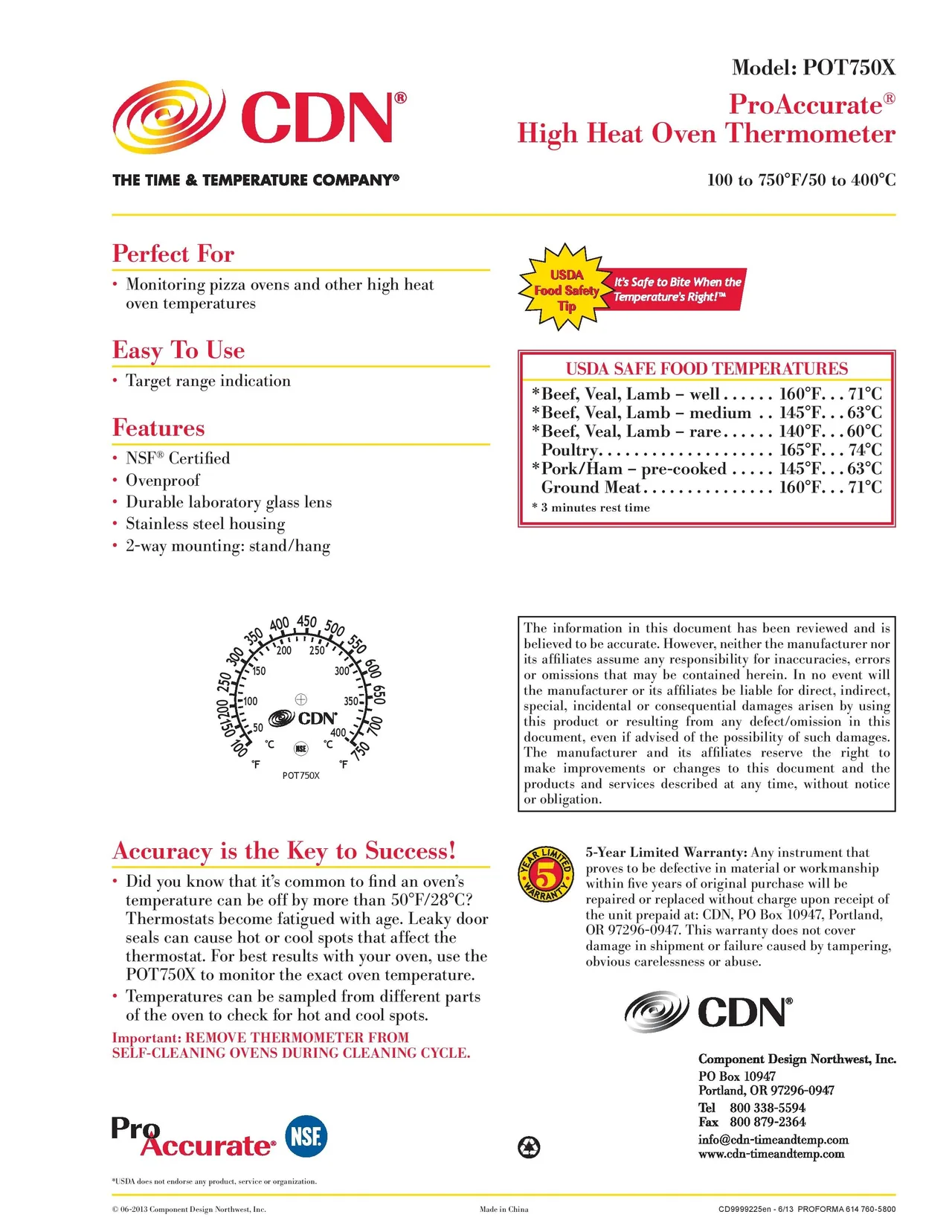 CDN POT750X ProcAccurate High Heat Ovenproof Thermometer,Stand/Hang
