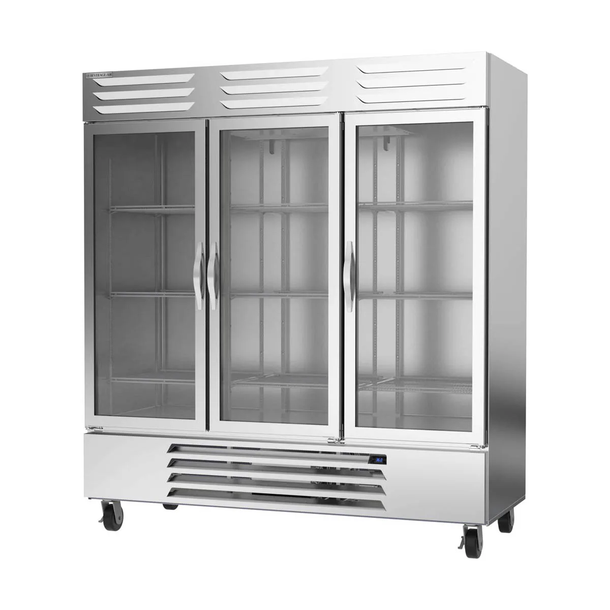 Beverage Air RB72HC-1G 75" Three Reach-In Refrigerator w/ 3 Glass Doors, Bottom Mounted, Aluminum Interior, 69 cu. ft.