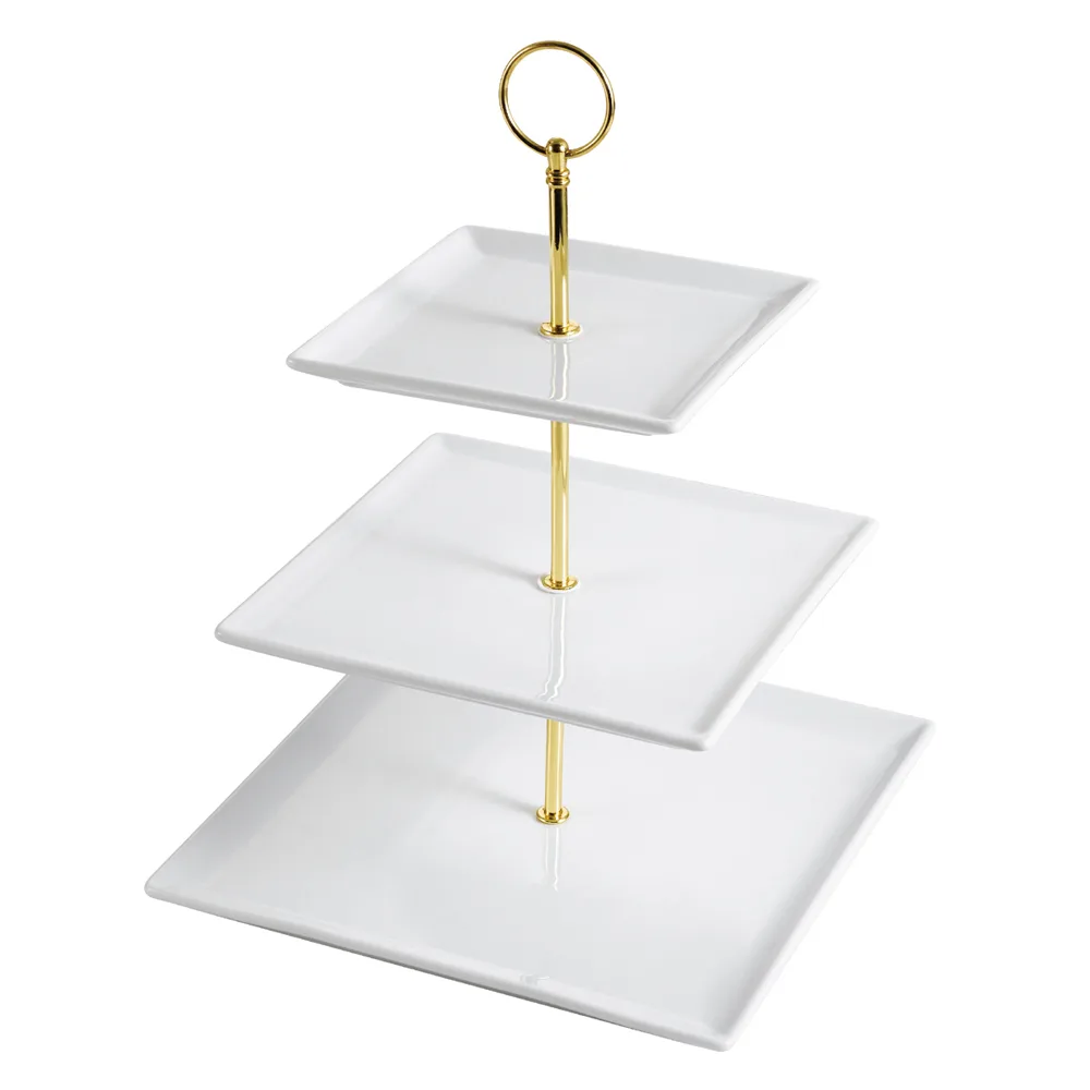 CAC China PTE‑SQ3 3‑Tier Square Porcelain Tray, Base 10"×10", Height 14", White, Dishwasher Safe - Set