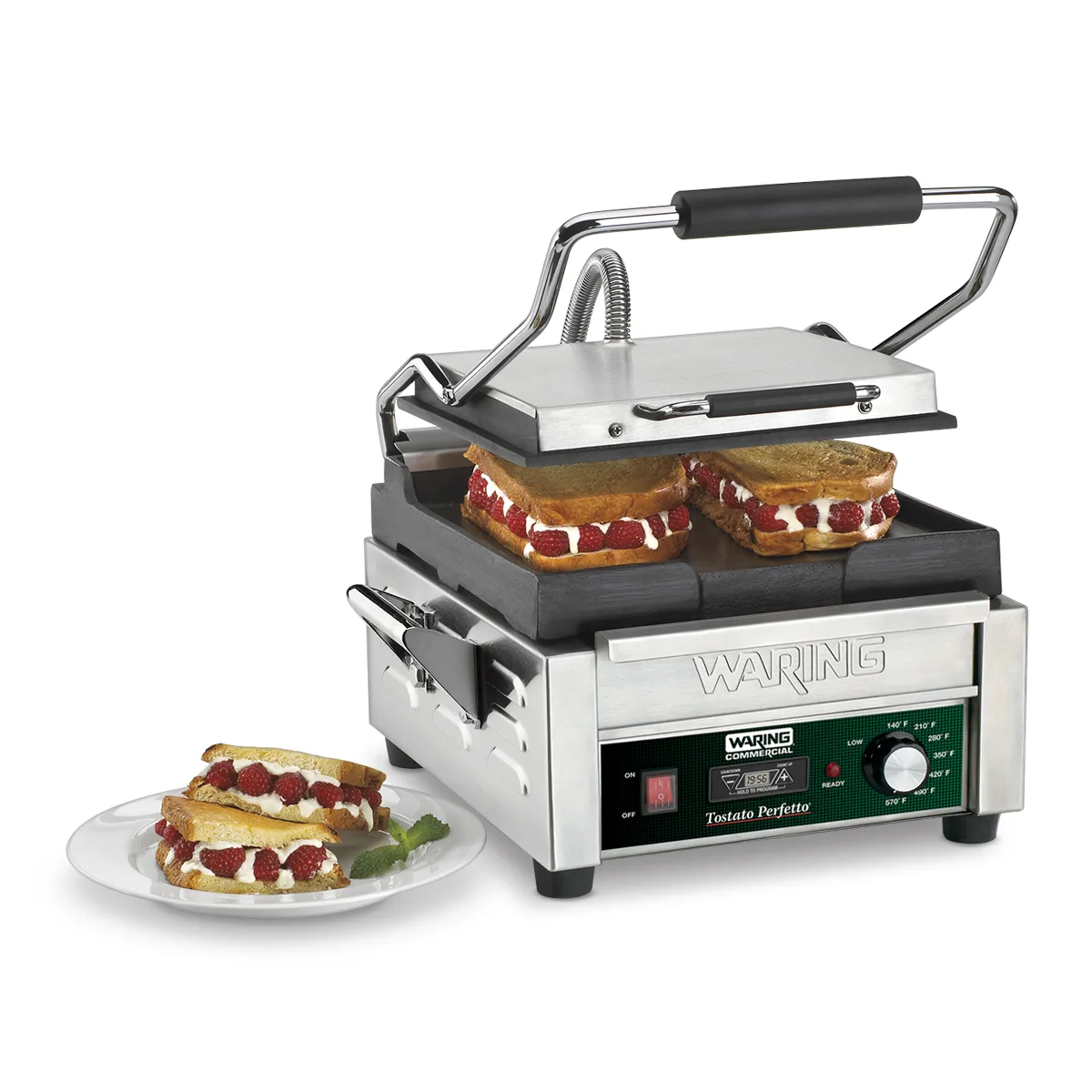 Waring WFG150T Single Cast Iron Sandwich Panini Grill w/ Timer, Smooth Plates, 120V