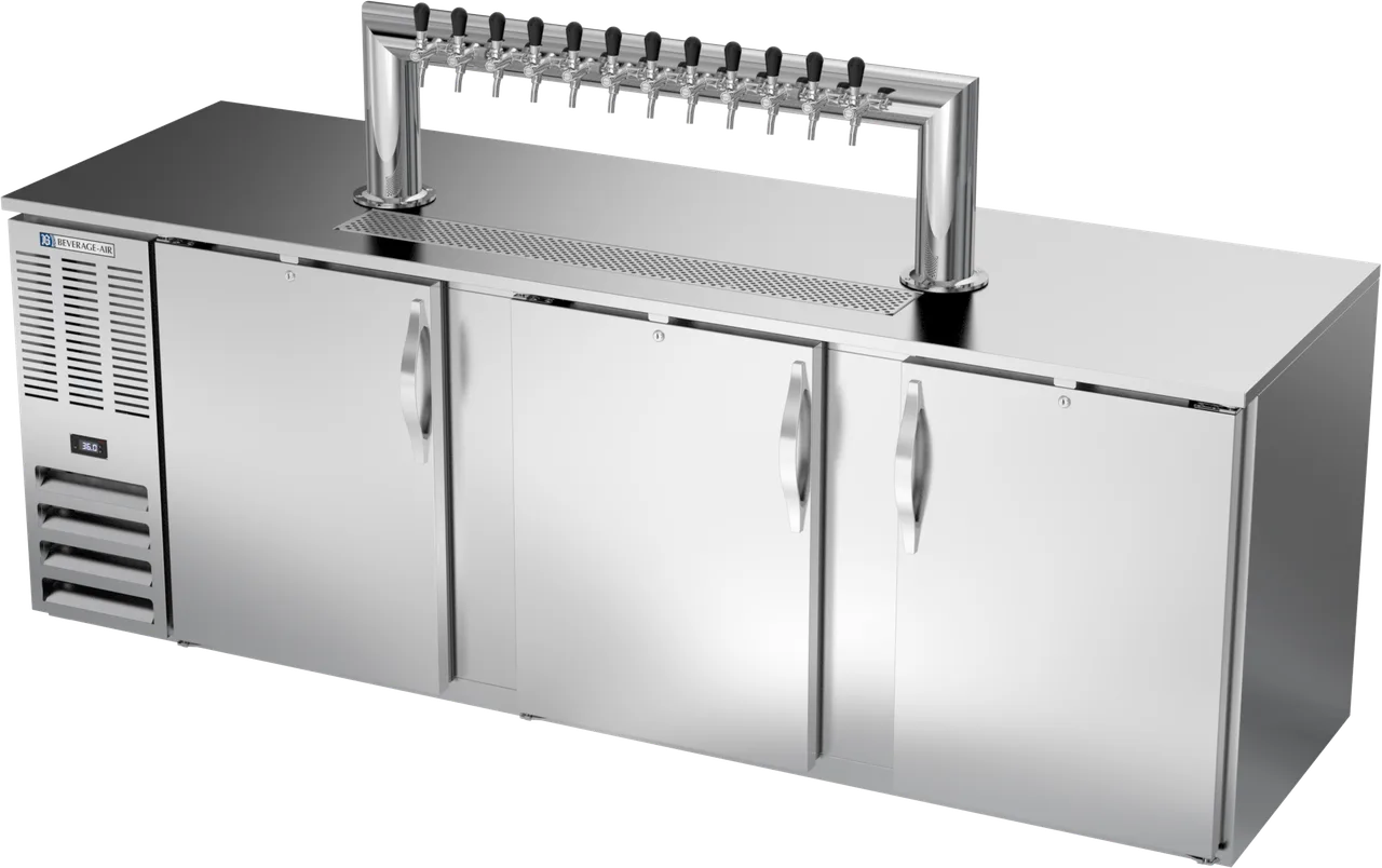 Beverage Air DD72HC‑S‑12T Keg Cooler, 60"–72" Wide, Stainless, 3‑Half‑Barrel, 2 Faucet Columns