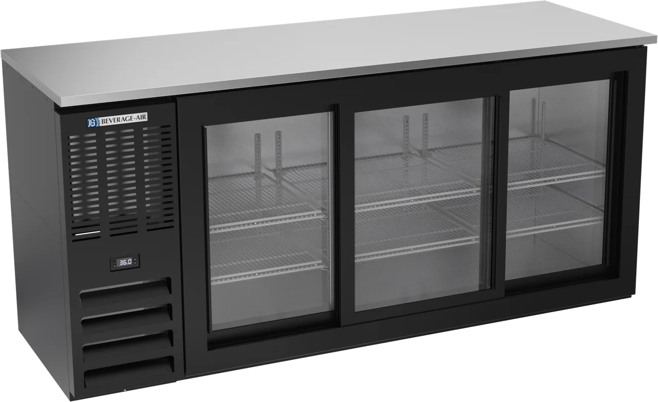 Beverage Air BBN72HC-F-GS-B Bar Cooler 72"x25"x34" 19.6 Cu Ft Black Sliding Glass Doors LED