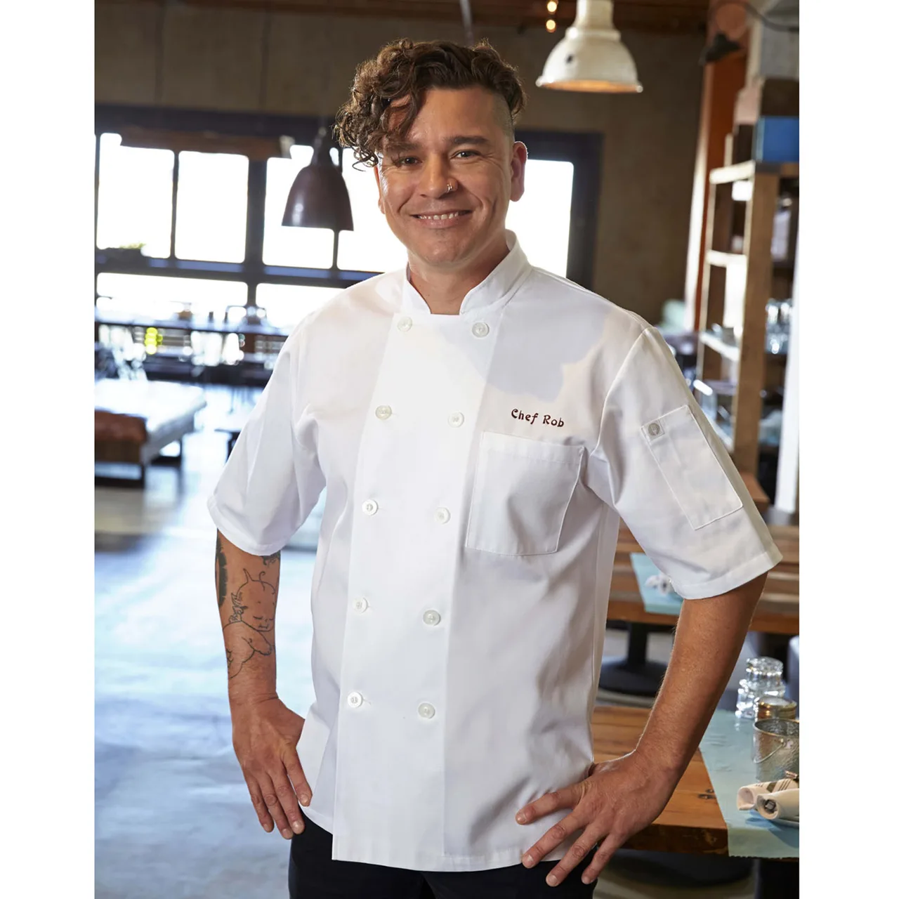 Chef Works PCSS-WHT-L Double‑Breasted Chef Coat, Large White 65/35 Poly‑Cotton, Short Sleeve - 1/Each