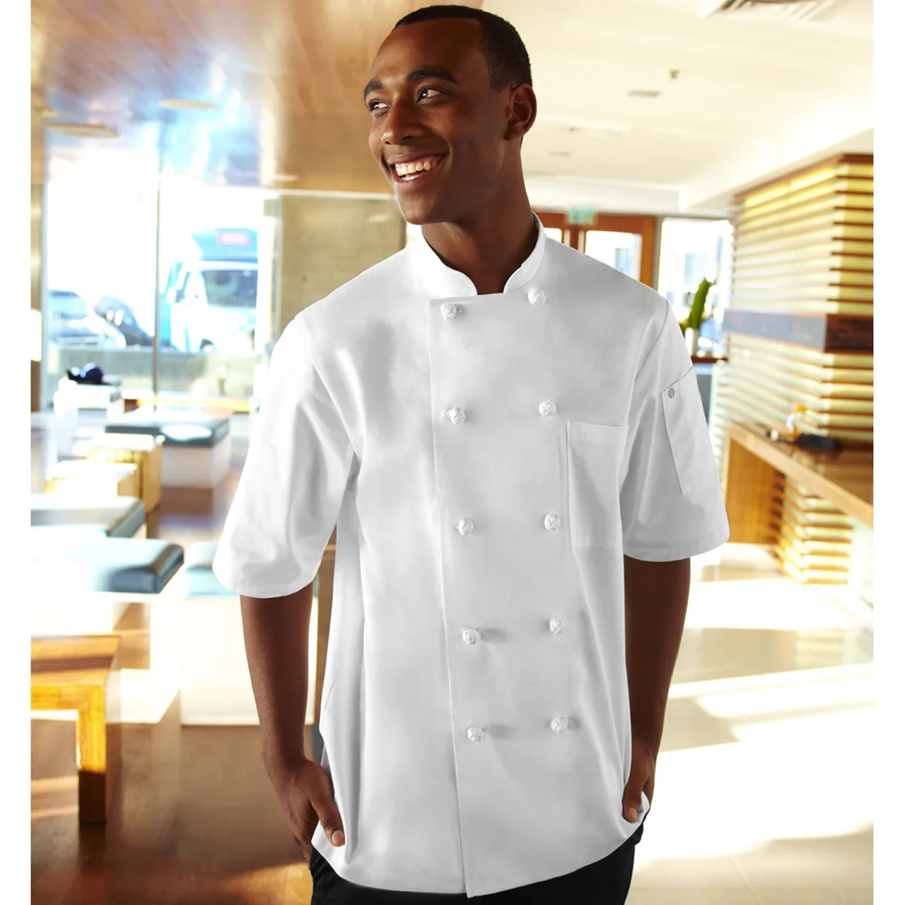 Chef Works KNSS-WHT-M Double‑Breasted Chef Coat, Size M White Poly‑Cotton, Short‑Sleeve, Pocket