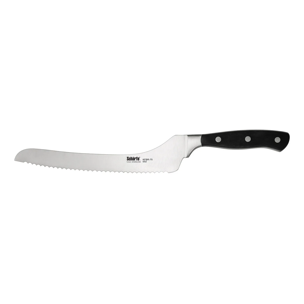 CAC China KFBR-75 Scharfe Bread Knife, 7-1/2" Offset, Forged, Tang, High-Carbon Steel, Black Handle