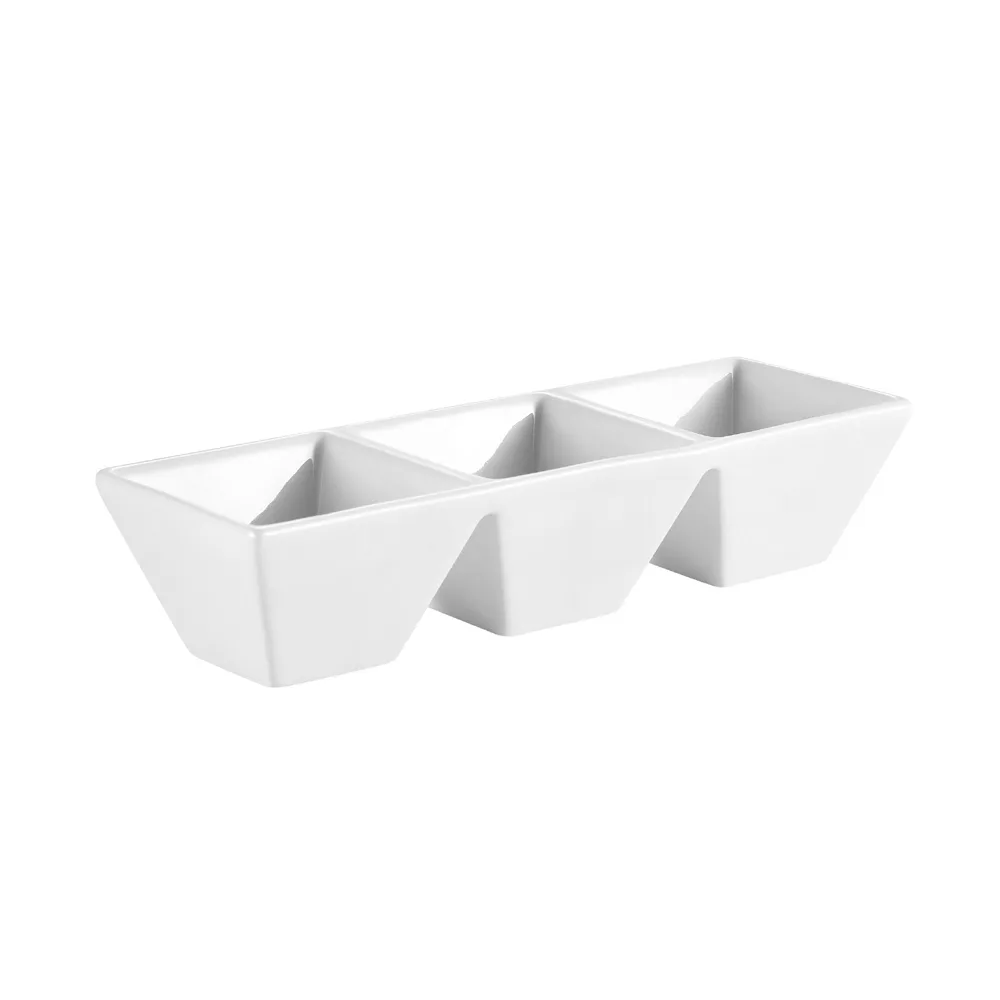 CAC China CN-3T7 3-Compartment Porcelain Plate, 1-1/2 oz, 7" L x 2-1/2" W x 1-1/4" H, White - Dozen