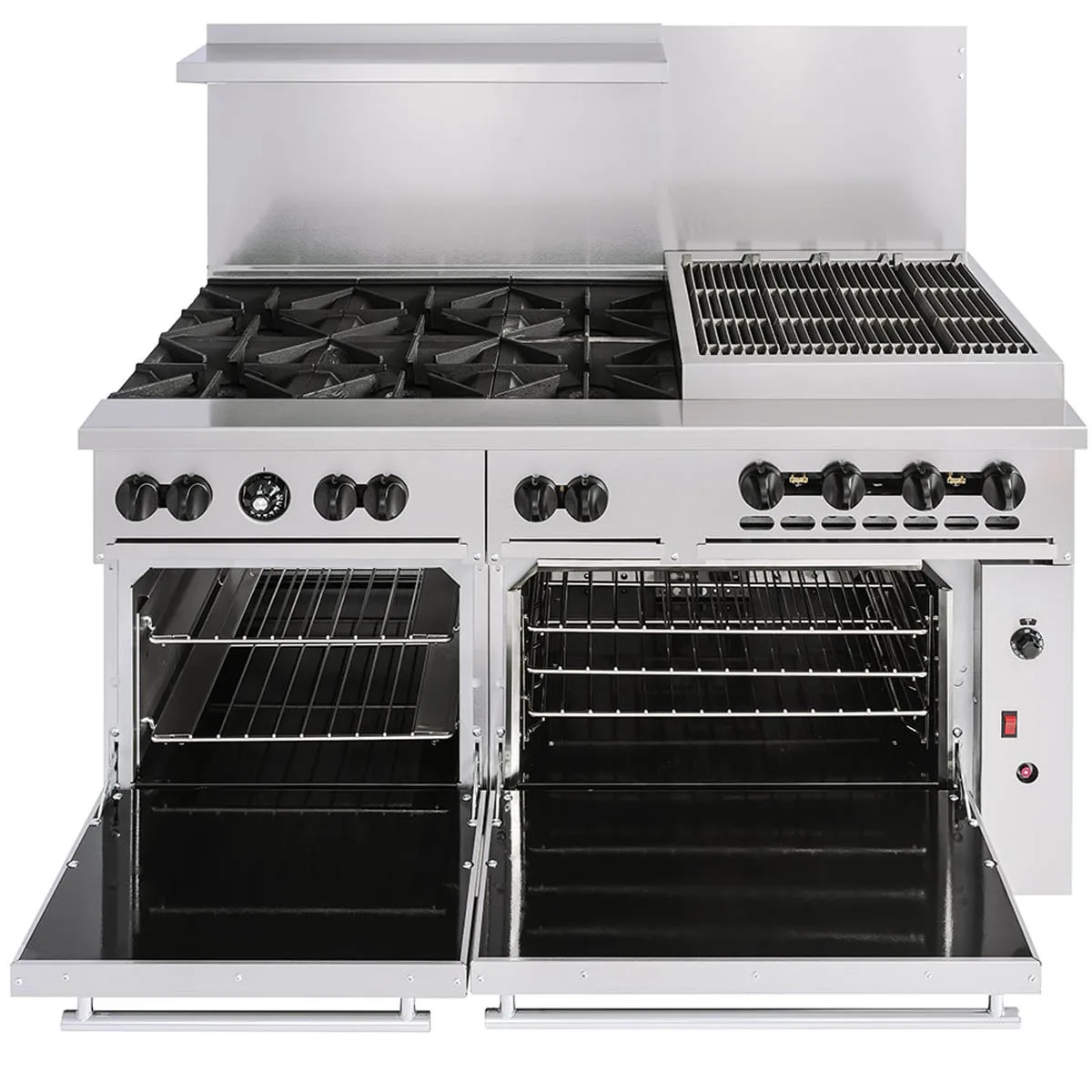 Vulcan 60SS-6B24CBN 60" Natural Gas Restaurant Range w/ (6) Open Burners, 24" Charbroiler Right, (2) Standard Ovens, 302.000 BTU