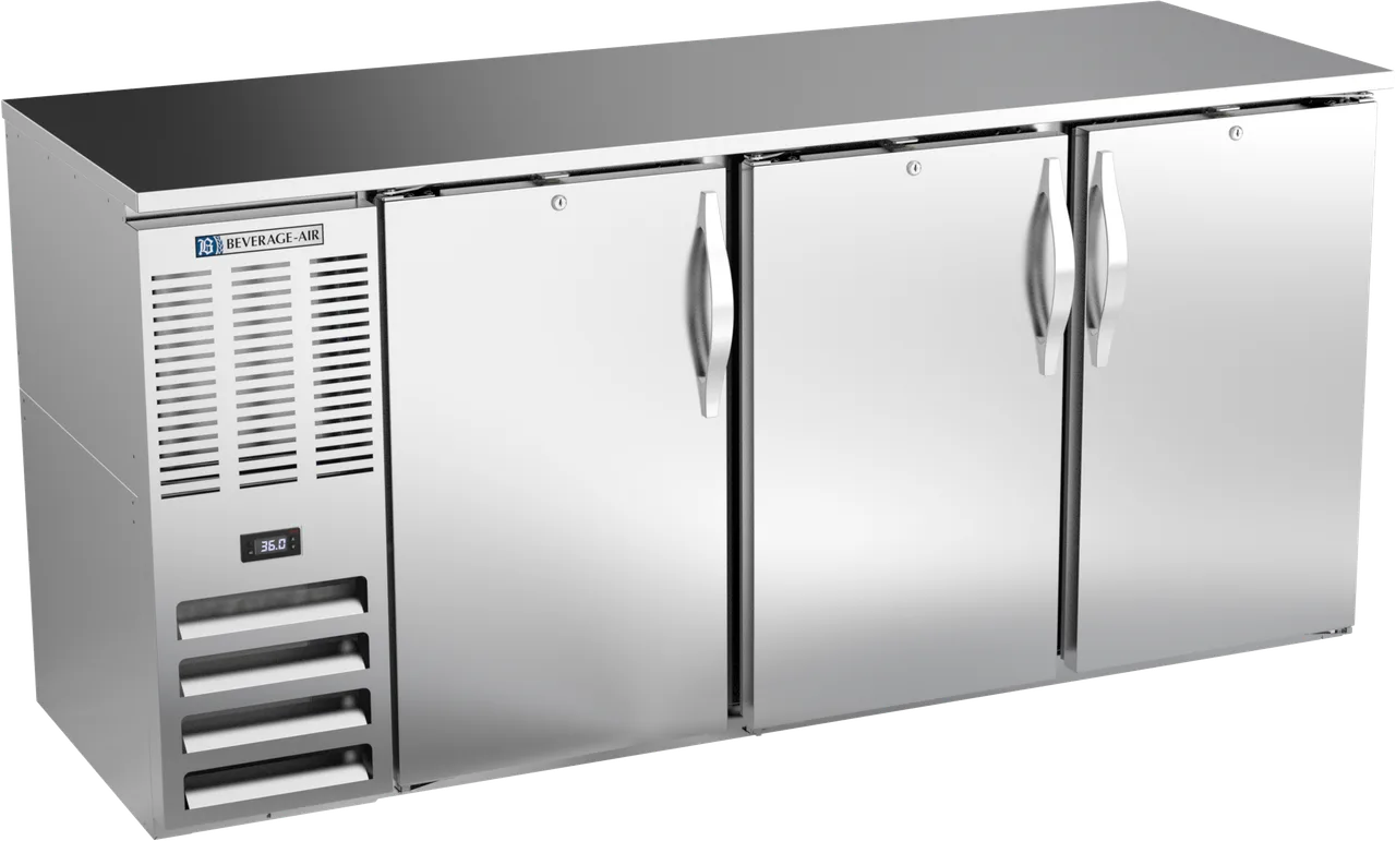 Beverage Air BBN72HC-S Bar Cooler, 72"W x 26"D x 34"H, 3 Solid Doors, Steel, LED, R290, 1/3 HP 115V