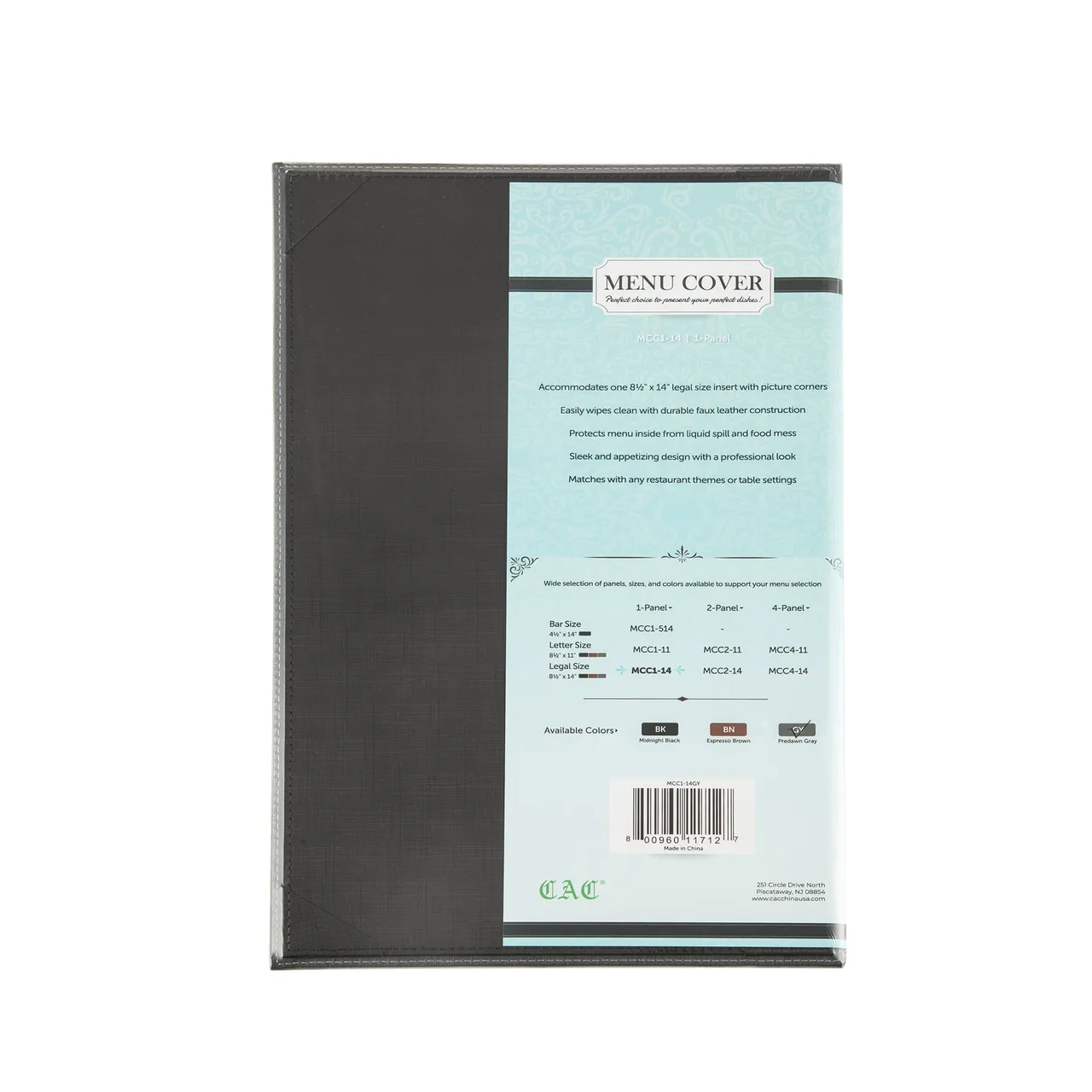 CAC China MCC1-14GY Menu Cover - 8-1/2" x 14" Legal Size Faux Leather Gray Booklet Style