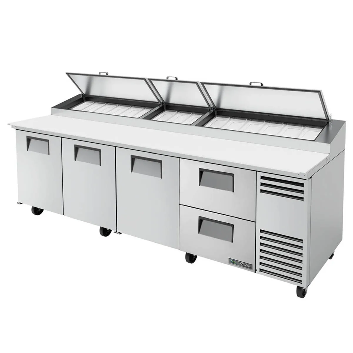 True TPP-AT-119D-2-HC 119" Refrigerated Pizza Prep Table w/ 3 Doors & 2 Drawers, (15) 1/3 Pans