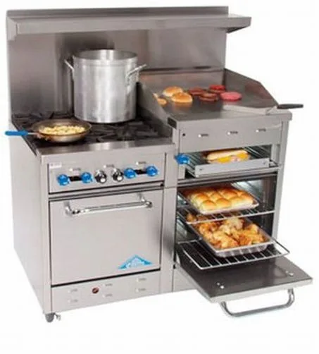 Comstock-Castle F3218-24B 48" Gas Restaurant Range w/ (4) Open Burners, 24" Raised Griddle, (2) Space Saver Ovens, 204.000 BTU