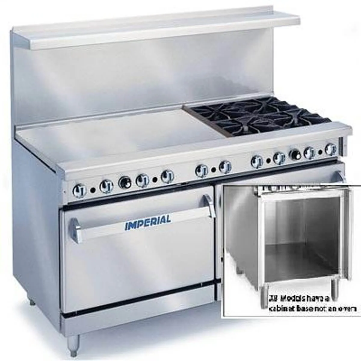 Imperial IR-4-RG36-XB 60" Gas Restaurant Range w/ (4) Open Burners, 36" Raised Griddle/Broiler, (1) Standard Oven, (1) Open Cabinet Base, 223.000 BTU