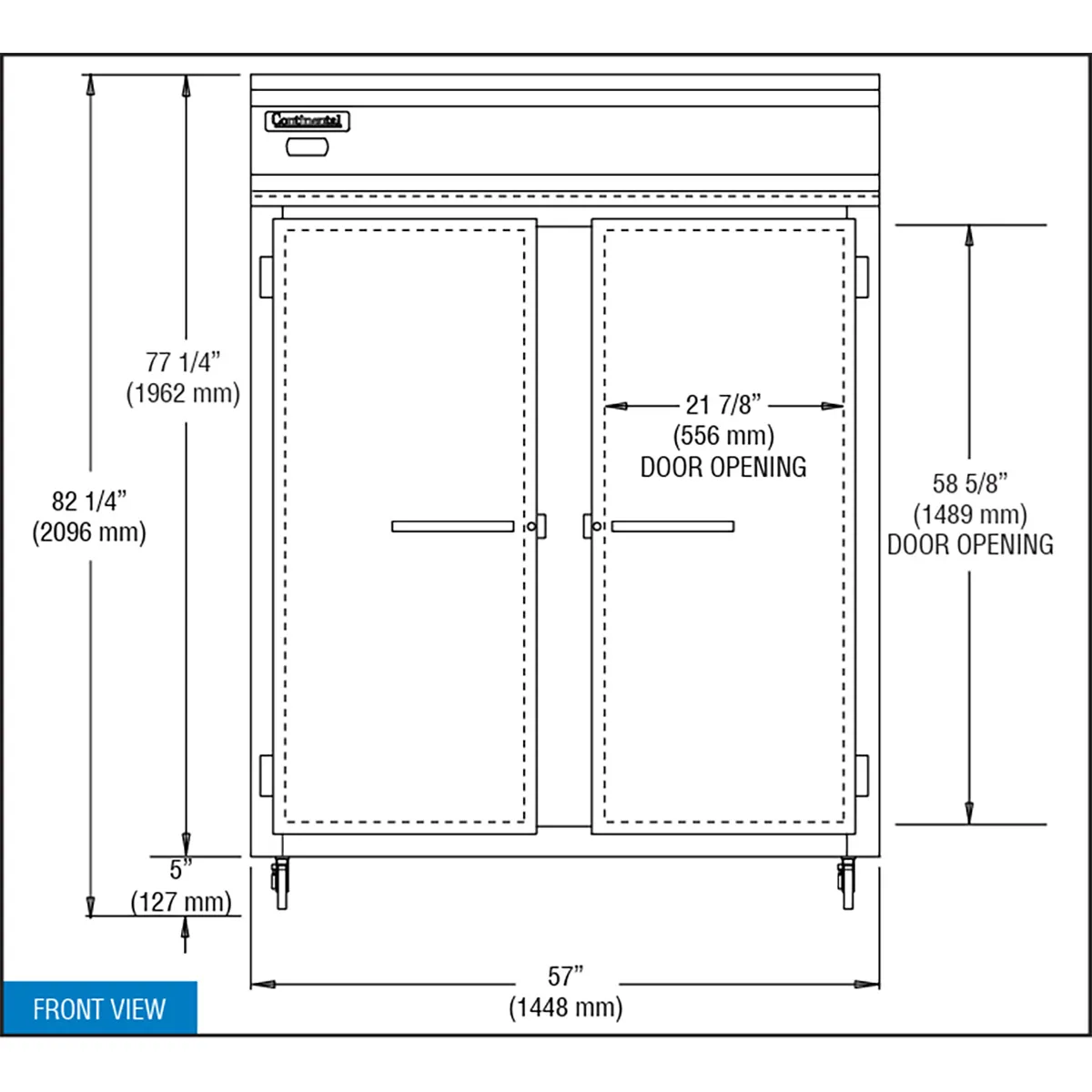 Continental Refrigerator 2REN 57" 2-Section Reach-In Refrigerator w/ 2 Solid Doors, Stainless Steel Front Aluminum Exterior, 50 cu.ft.