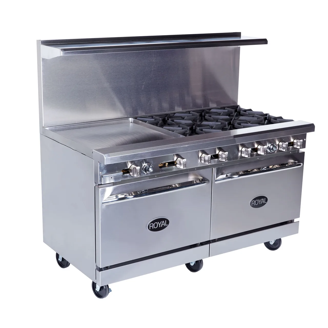 Royal Range of California RR-6G12 48" Gas Restaurant Range w/ (6) Open Burners, 12" Griddle, (2) Space Saver Ovens, 254.000 BTU