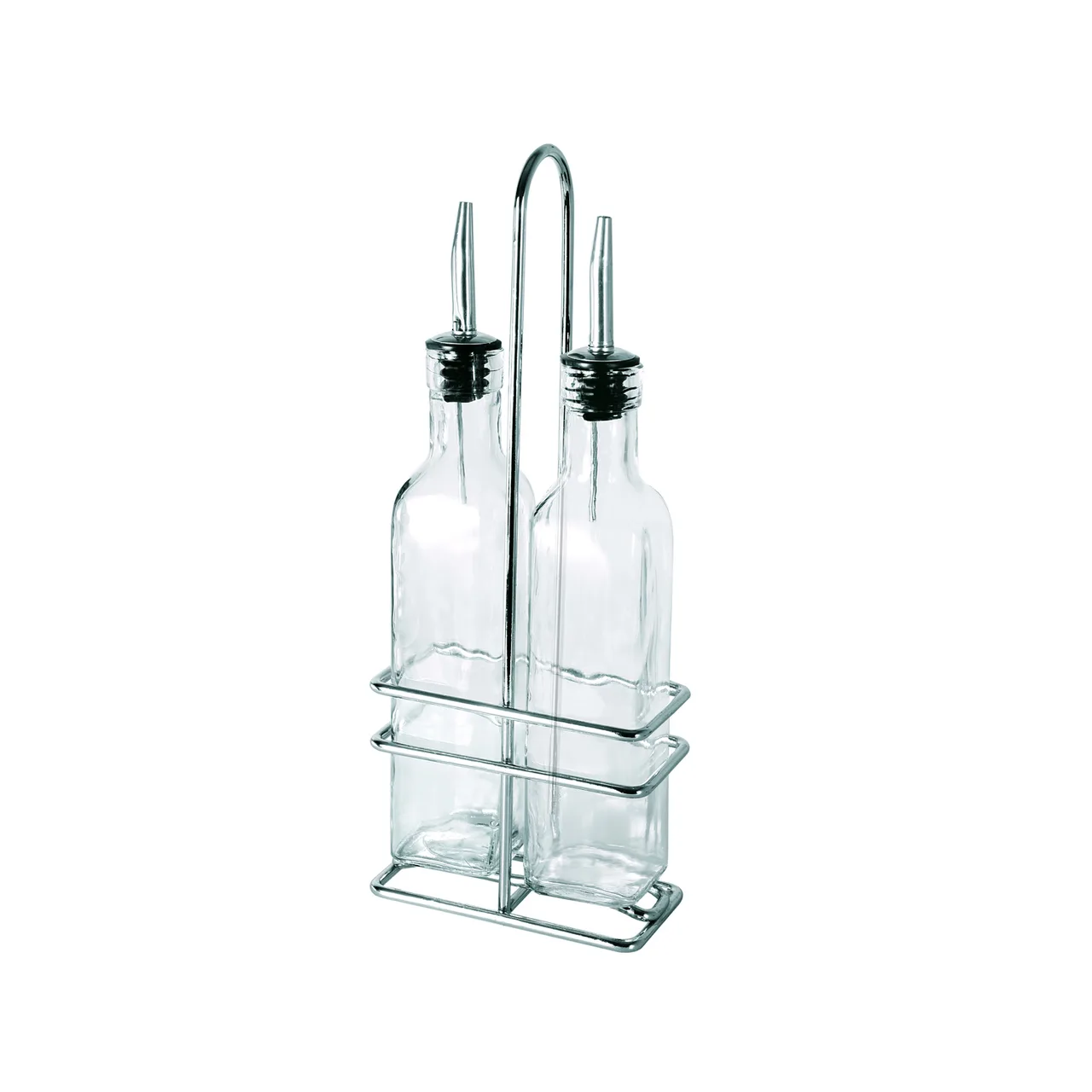 CAC China W2SQ-8S Oil & Vinegar Cruet Set, 8 Oz Glass Bottles with Steel Pourers, Chrome Rack - Set